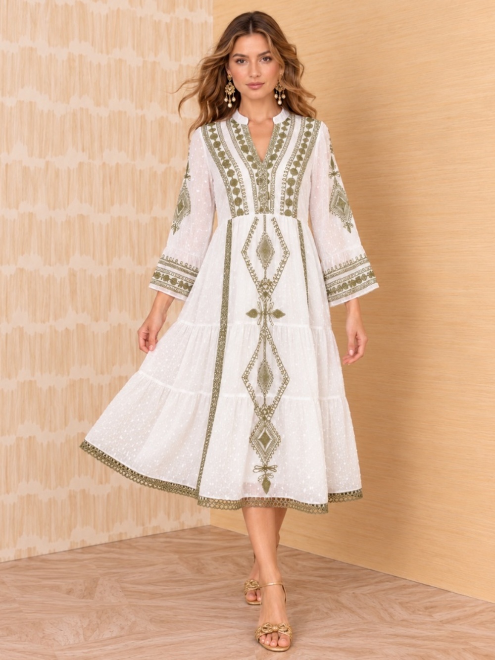 NWT Hale Bob Natasha Embroidered Midi Dress Olive White Medium